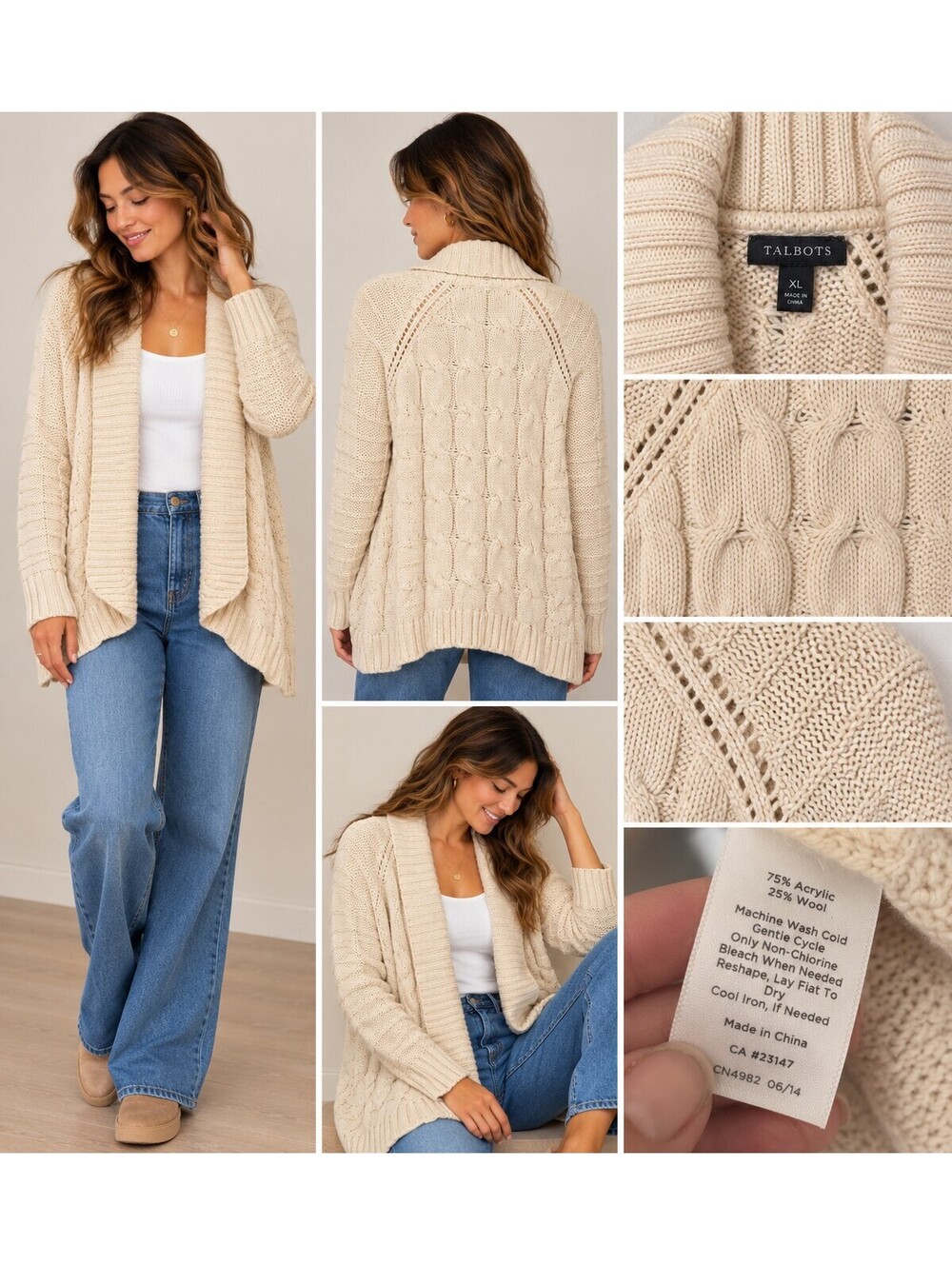 Talbots Cream Cable Knit Open Front Cardigan Sweater